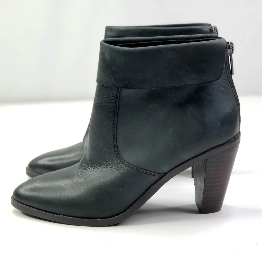 Lucky Brand Nycott fold-over ankle boots stacked heel dk grey leather ba…